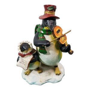 Christmas Penguins Caroling Violin Playing Figurine Red Top Hat Green Scarf